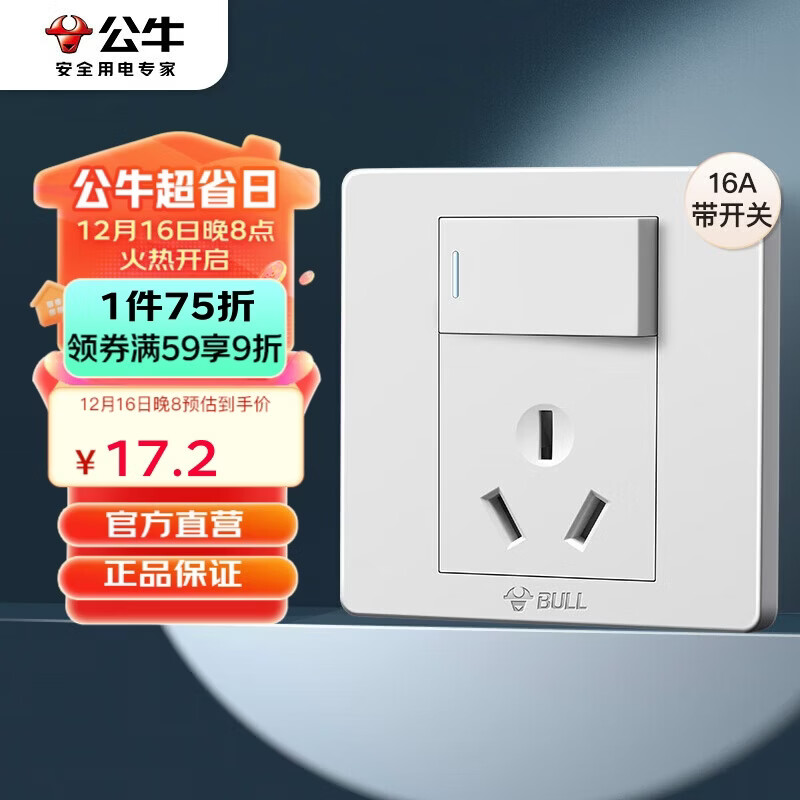公牛（BULL）开关插座 G07系列 16A带开关插座86型插座面板 G07E204AS 象牙白