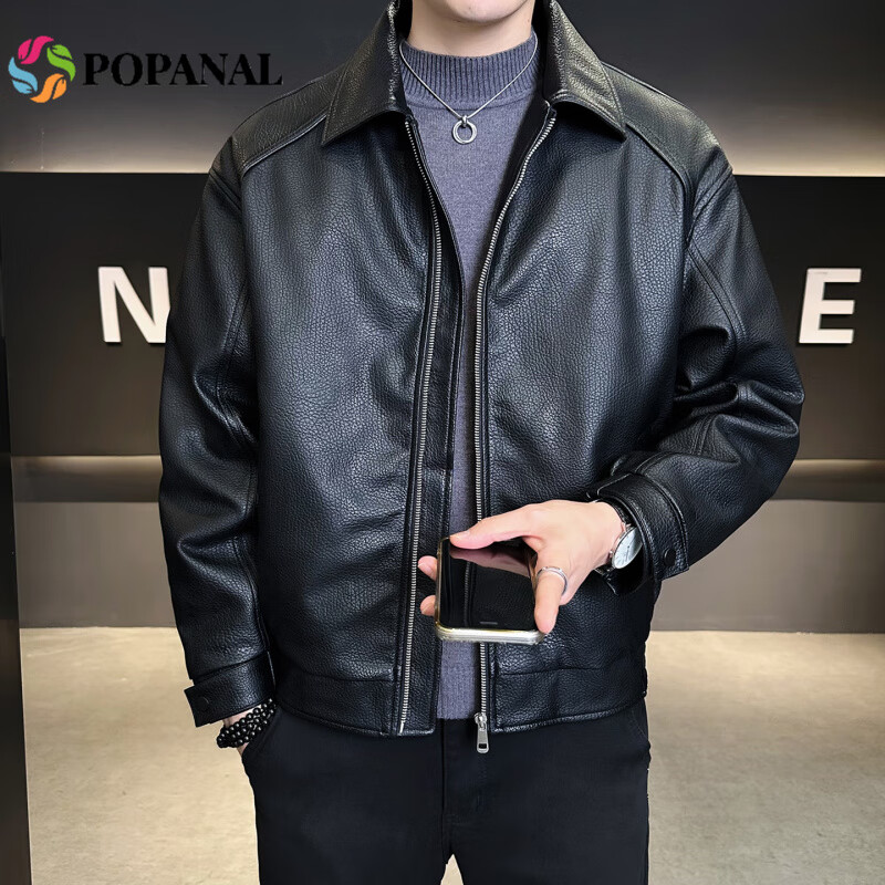 POPANAL香港潮牌2025冬季新款男士翻领皮面夹克商务休闲韩版羽绒服外套潮 黑色 M