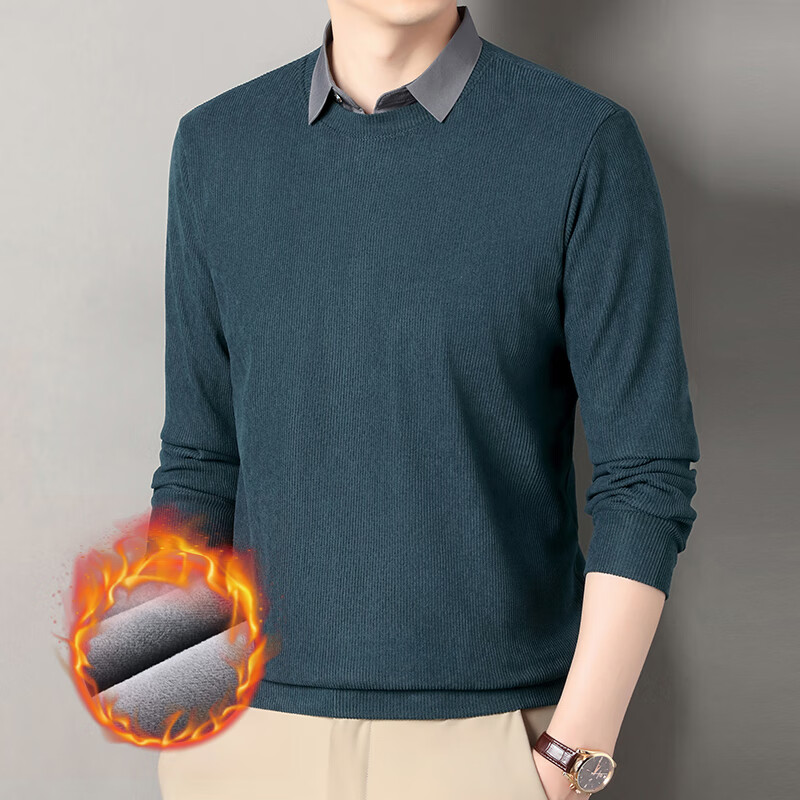 锐图森秋冬季加绒假两件男士翻领长袖t恤中青年商务男装纯色圆领体恤衫 哈青（加绒） XL  /115（建议135-150斤）