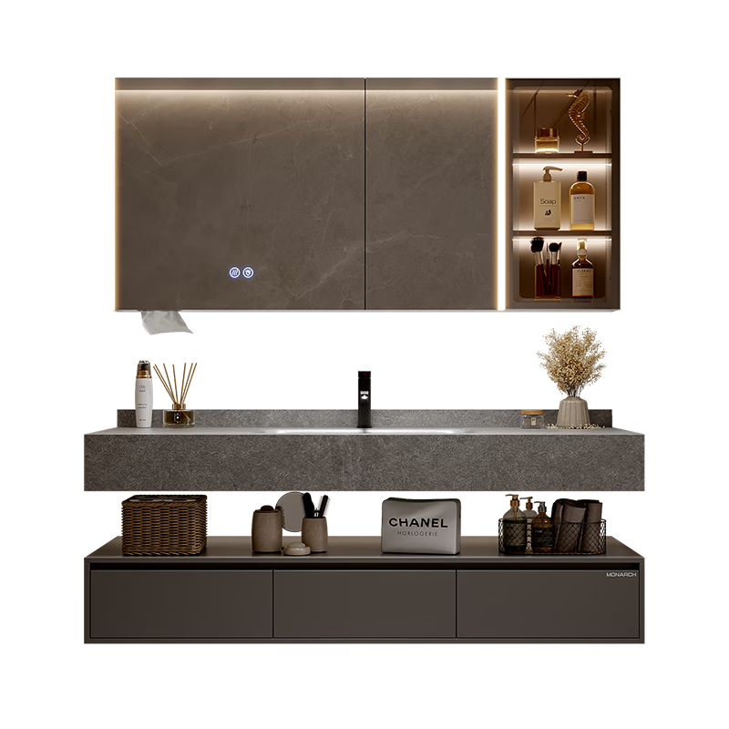 帝王洁具浴室柜岩板热弯一体盆轻奢卫生间美妆除雾镜柜洗手盆柜洗漱台套装 【不锈钢铰链 缓冲无噪音】110cm