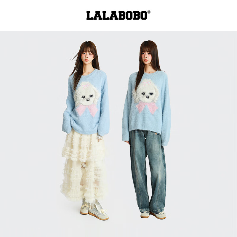 LALABOBO【玩偶系列】毛织毛衣25年冬新潮原创高级蓝保暖上衣RBEC-WSTM14 蓝色 S