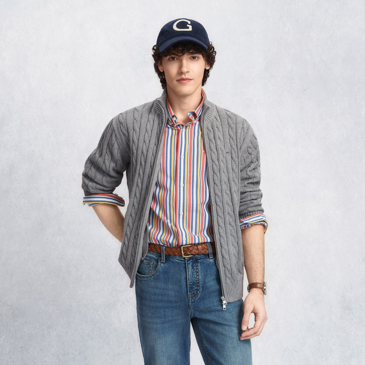 GANT/甘特26春夏男士纯棉双开尾拉链立领纯色绞花美式休闲针织衫 433-藏蓝色 L