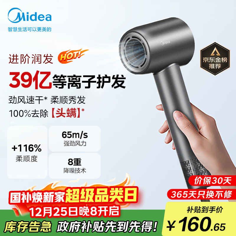 美的（Midea）高速吹风机 39亿等离子护发 家用负离子吹风筒 杀菌除头螨电吹风FG208灰 国家补贴 圣诞节礼物推荐