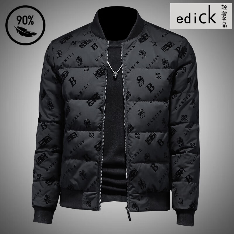 Edick意大利风品牌轻奢高档羽绒服男潮90白鸭绒外套时尚植绒短款羽绒衣 黑色 M