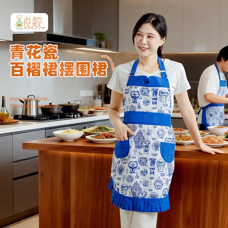 尚悦靓高档女围裙家居厨房防油易洗纯棉青花瓷中式围腰柔软舒适做饭围裙 纯棉柔软防污女士围裙 京东折扣/优惠券