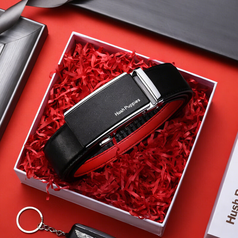 暇步士（Hush Puppies）本命年马年红腰带男真皮自动扣头层牛皮红色皮带裤带商务高端奢品 外黑内红948W【礼盒包装】 135cm
