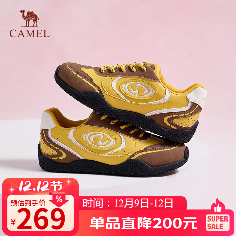 骆驼（CAMEL）月牙2.0德训鞋女多色拼接增高运动休闲鞋 L25S577059C 黄/棕 37