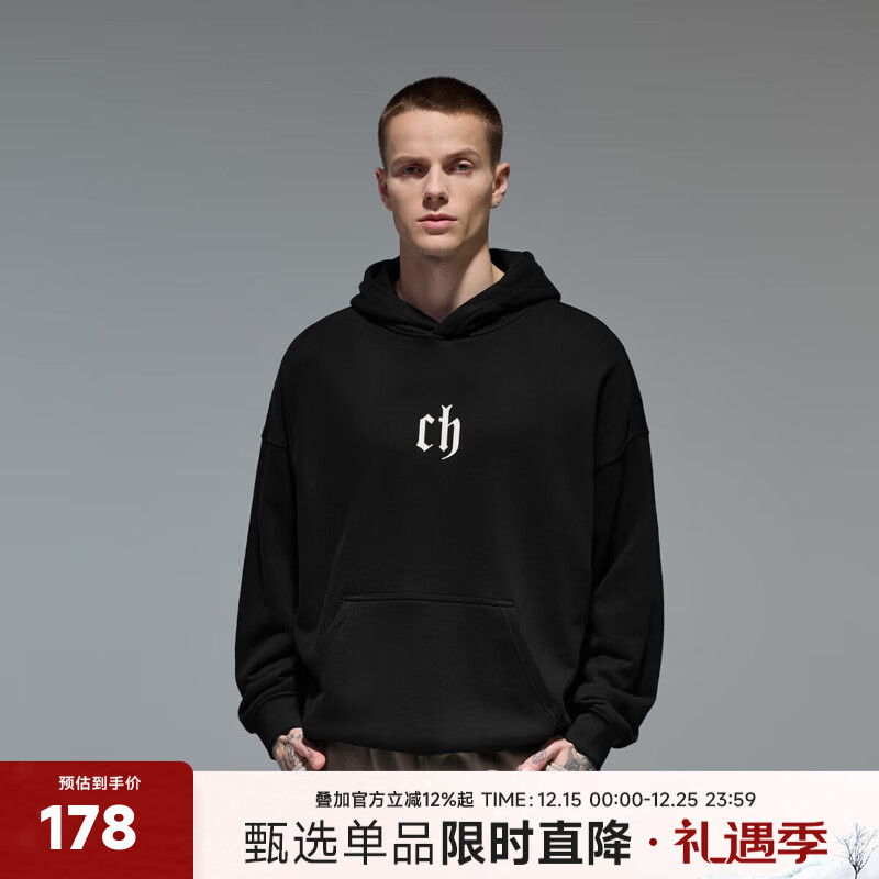 CHINISM CH赤尘时尚简约logo印花连帽卫衣男士春秋款休闲情侣帽衫上衣 黑色 （偏宽松，建议拍小一码） L