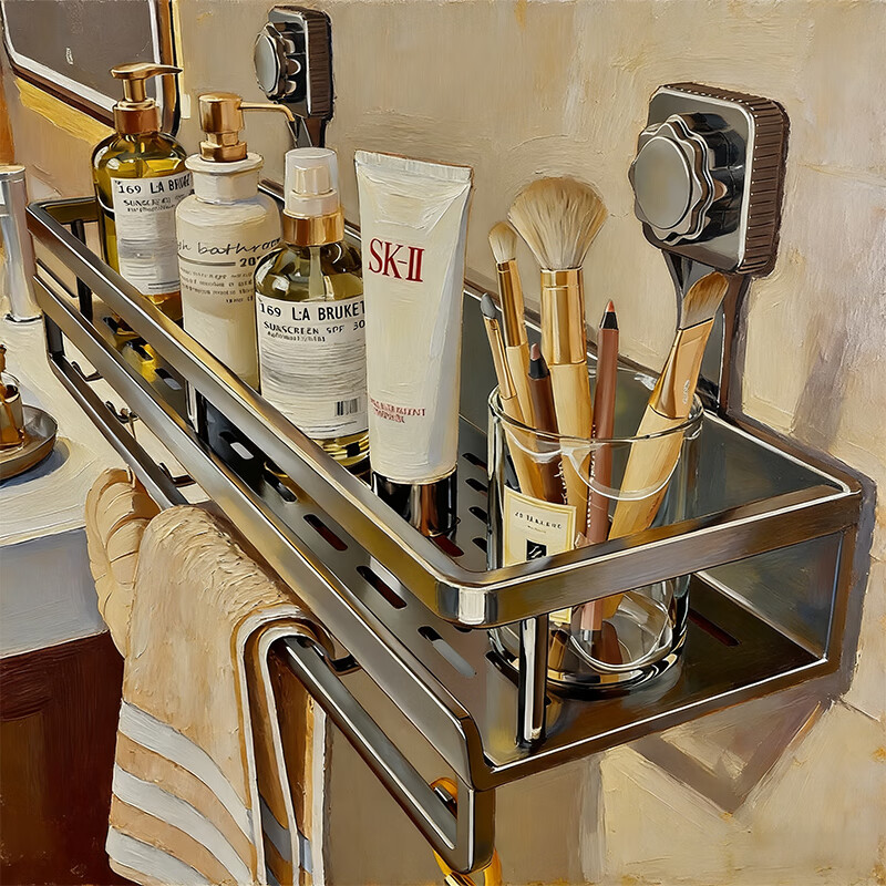 尔思家卫生间浴室置物架免打孔壁挂式厕所毛巾挂架沐浴露架多功能收纳架 60cm单层【带杆带钩】