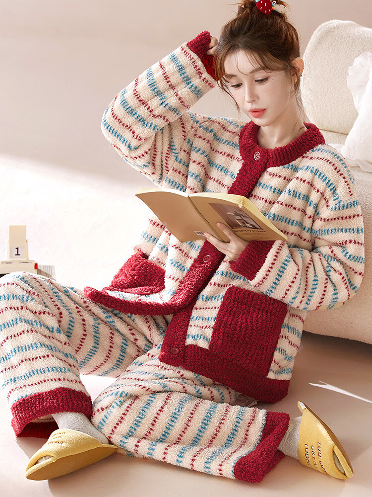 雅鹿睡衣冬女加绒保暖睡衣女士秋冬季2025新款珊瑚绒大码家居服圣诞套 NSJLY-KS274柏林纪事圆领女 L (100斤-120斤）