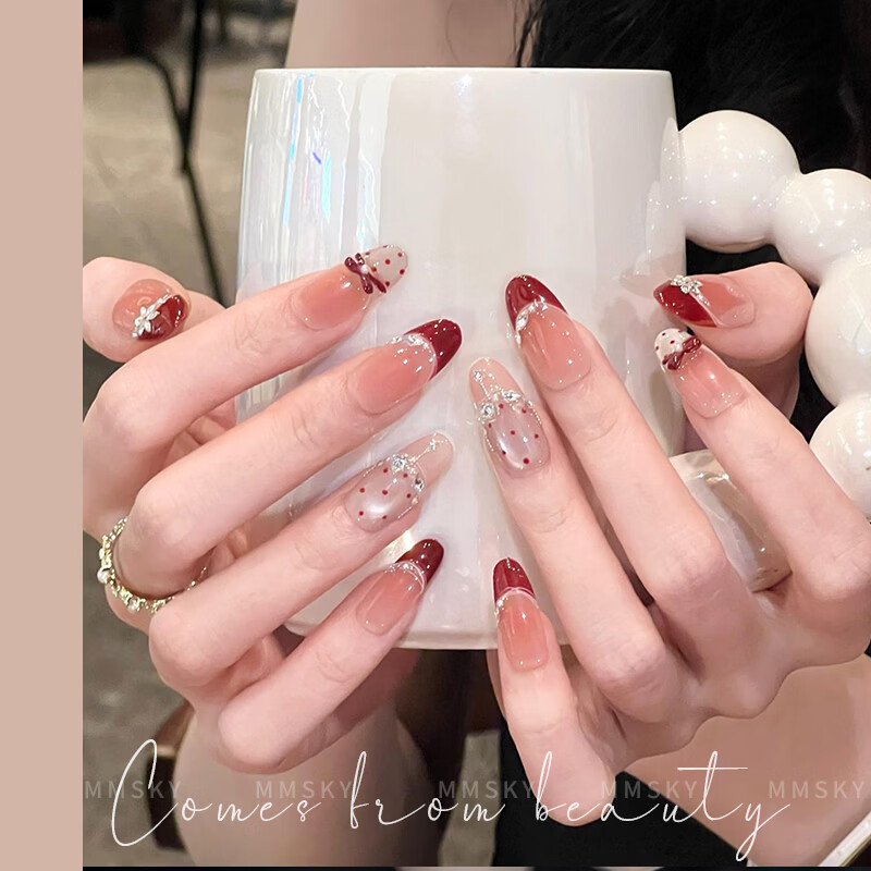 Albeville新年超火醒獅貓眼手工穿戴甲2026新款高質(zhì)感紅色絲絨指甲貼片美甲 法式貓眼碎鉆波爾多 1件 長(zhǎng)杏仁 S碼 （適合70%人)