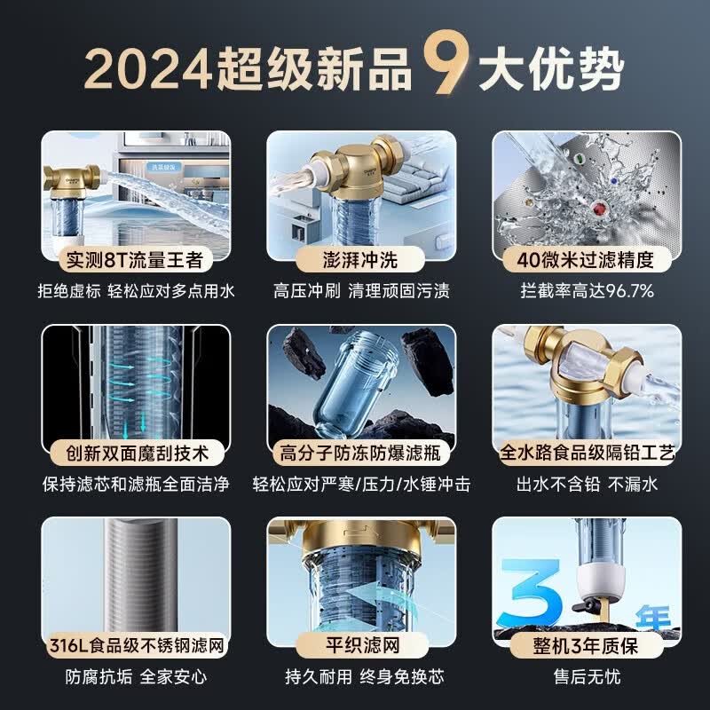 史密斯(A.O.SMITH)佳尼特前置过滤器 自来水过滤家用净水器过滤器全屋净水 半自动冲洗 防爆滤瓶 大白瓶小海星CPF-H1 8T真实大流量 食品级不锈钢滤网 双面魔刮冲洗
