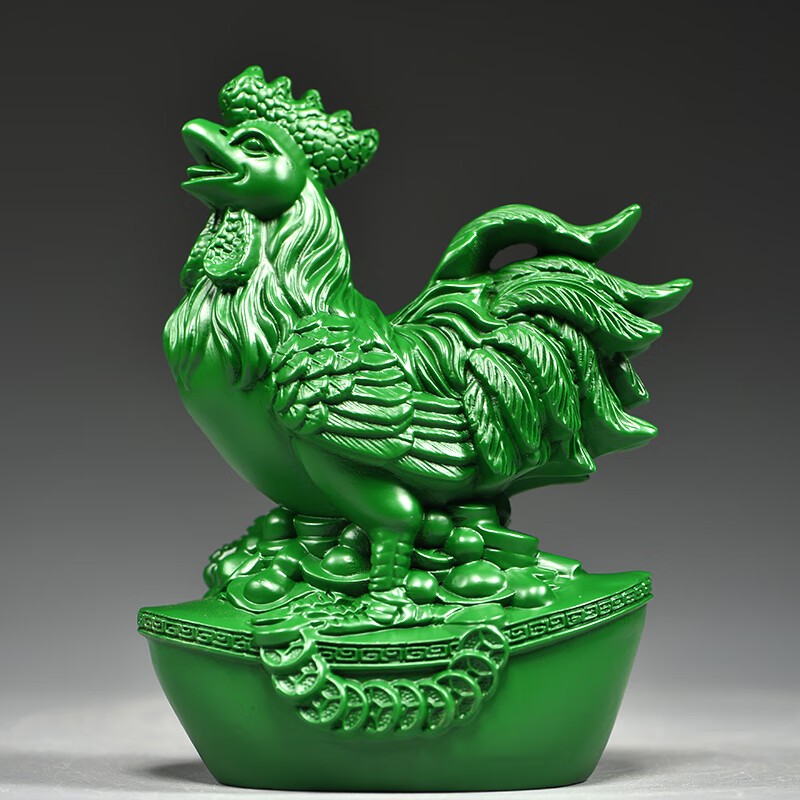 绿色实木雕刻鸡摆件十二生肖纯木头公鸡客厅电视柜装饰工艺品送礼