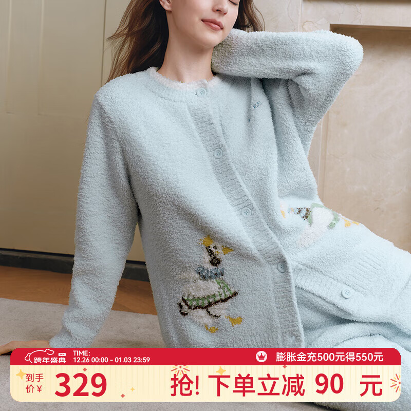 嫚熙（EMXEE）新品幸运鹅秋冬牛油果半边绒月子服加绒产妇哺乳孕妇睡衣家居服 幸运鹅-蓝色（有调节带） L