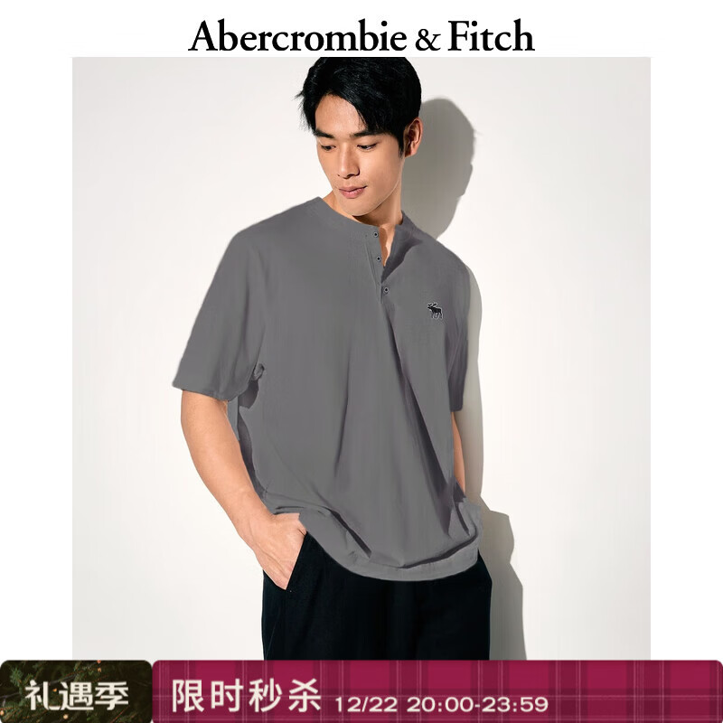 Abercrombie &amp; Fitch经典小麋鹿图案男装25夏季美式重磅宽松亨利领短袖T恤 深灰色 M (180/100A)尺码偏大