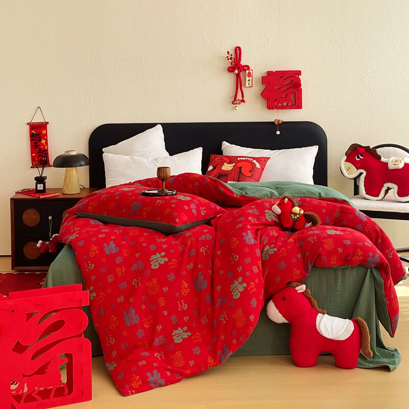 ROLAND LIVE马年限定全棉色织双层纱提花百福单被套马上送福纯棉被套单件 CW 百福双层纱被套单件-红百福 单被套150*200cm