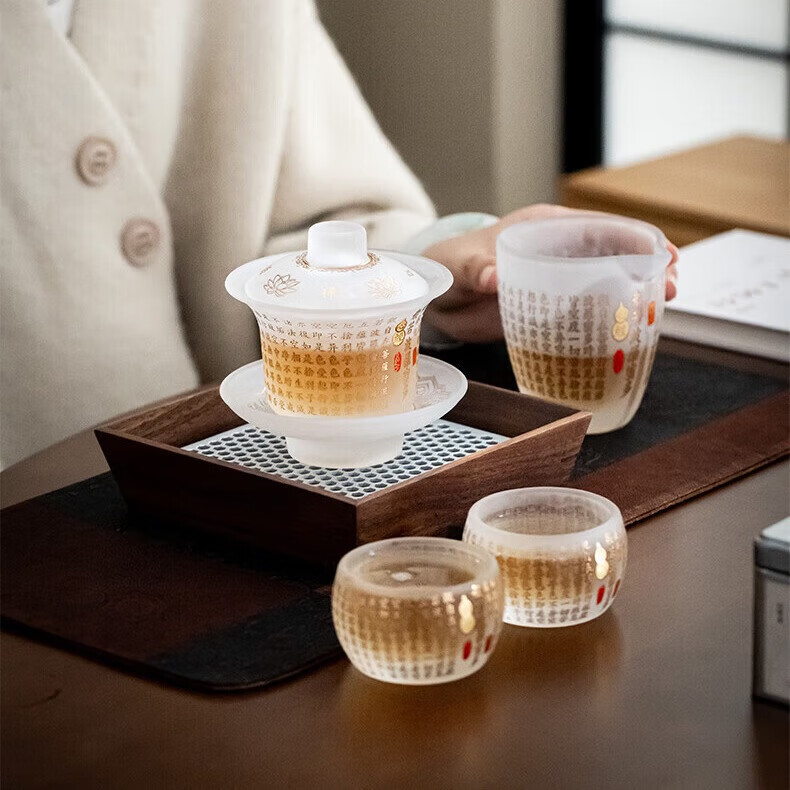 琉璃心经茶具套组功夫茶具套装琉璃盖碗公杯客杯茶具套装泡茶 心经茶具套装 4头