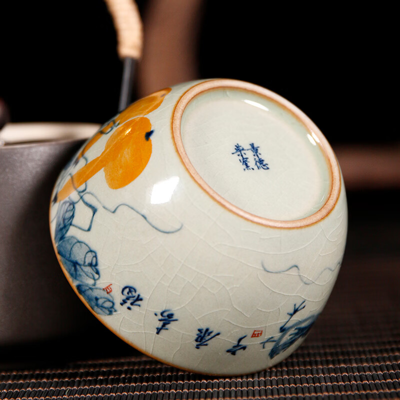 【柴房雅器】景德镇柴窑手绘青花釉里红福寿康宁卧足杯纯手工茶杯