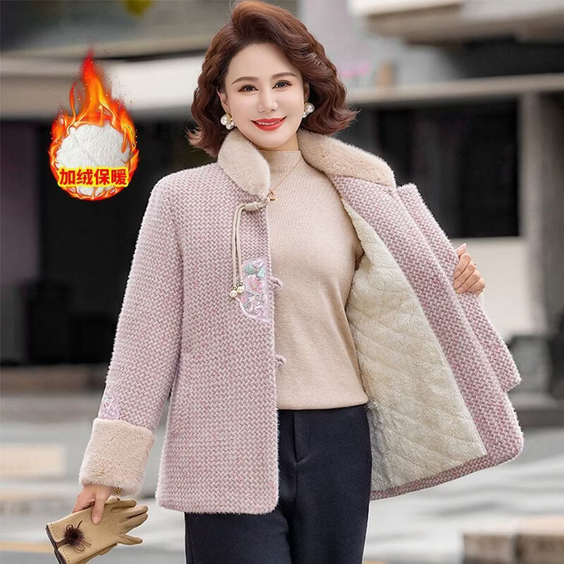 妈妈冬装高贵洋气中式短款毛呢外套中老年女装新款加绒加厚上衣女 灰绿色 XL 建议90-105斤