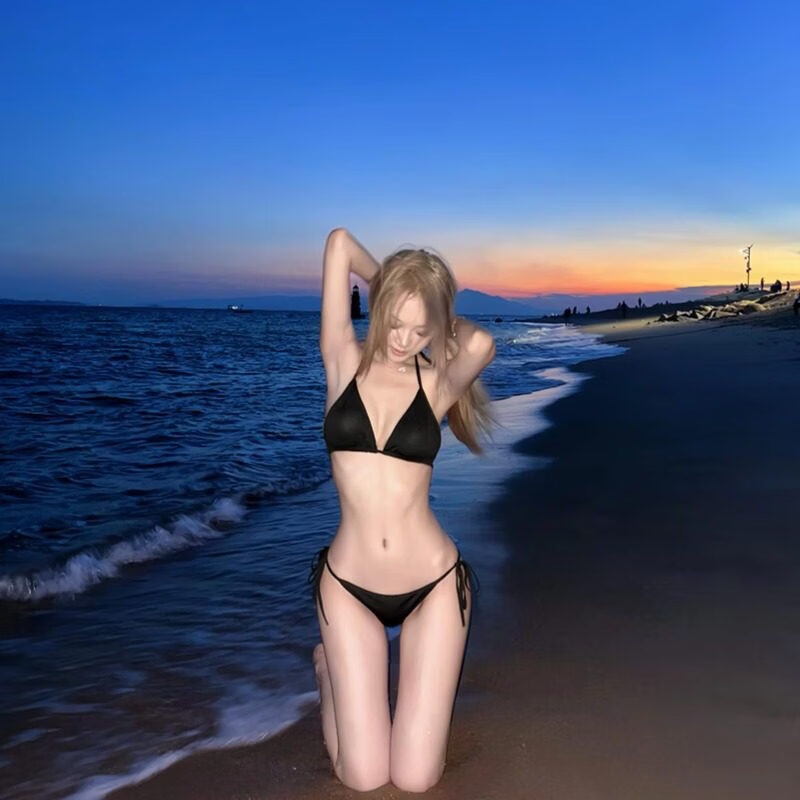 诗迦努黑色比基尼女泳衣小胸聚拢海边度假感游泳装 黑色比基尼 M【建议95-105斤】