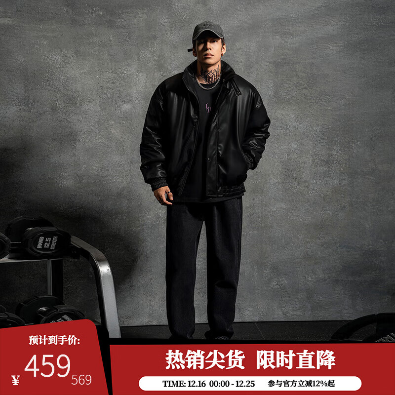 鹿家门新款宽松大码保暖皮夹克棉衣百搭运动健身PU皮棉服秋冬男 黑色(棉服) (尺码偏小建议拍大一码) 2XL (推荐180-220斤)