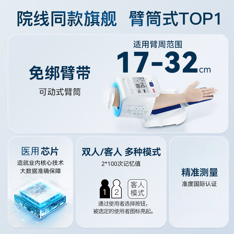 欧姆龙(OMRON)臂筒式血压计级精准进口原装电子血压计级高精准家用老人 臂筒式 【芯片】旗舰款