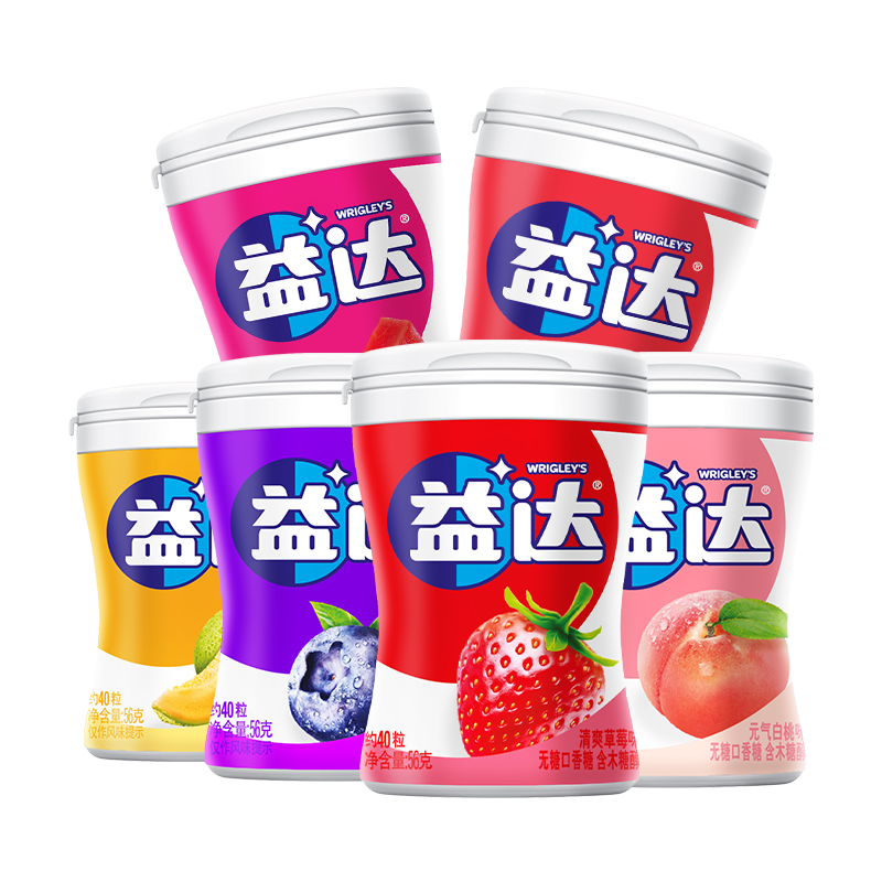 益达 木糖醇无糖口香糖混合口味 56g*6瓶约240粒 休闲零食 口气清新糖