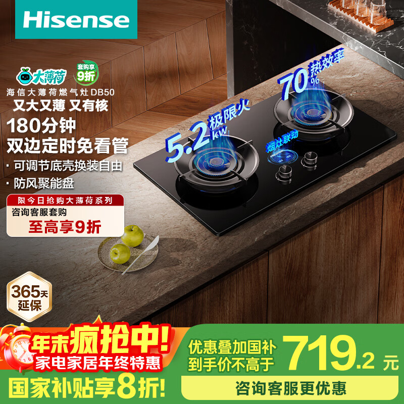 海信（Hisense）【大薄荷DB50】家用5.2KW大火力燃气灶双边定时灶台嵌两用天然气灶行业爆款国家补贴20%烟灶联动