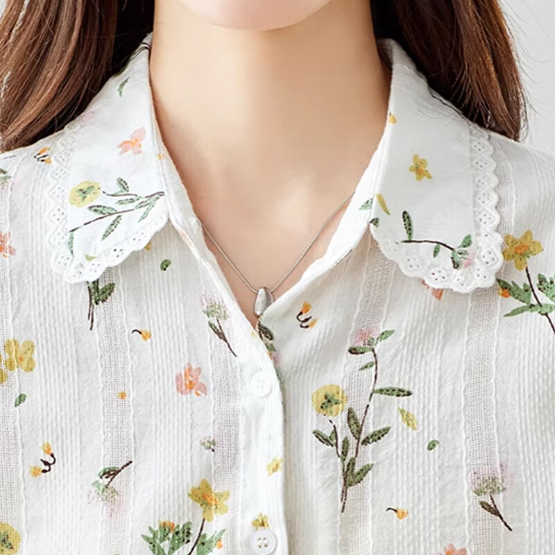 子牧棉麻2026春装 女文艺复古印花衬衫轻薄印花百搭清新气质时尚衬衣3313 白色 M (建议90-115斤)