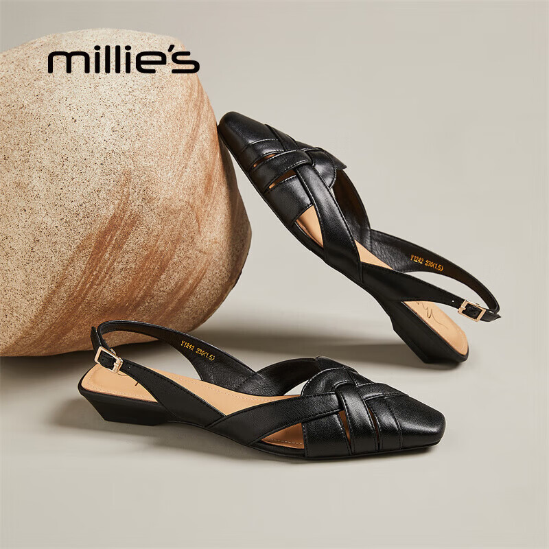妙丽（Millies）凉鞋女包头低跟编织复古后绑带休闲百搭2025夏季新款 黑色 38 (240mm) 标准码