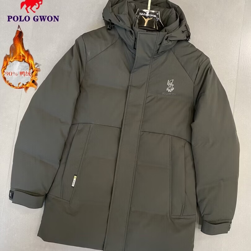 POLOGWON保罗羽绒服男士连帽宽松男休闲时尚鸭绒冬季保暖防寒男装 军绿色 4XL (195)