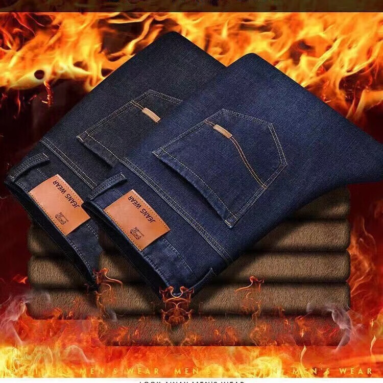 柯诗曼弹力秋冬加绒加厚男士牛仔裤冬季保暖长裤宽松直筒休闲裤子男款 蓝色【8010绒】 40 (推荐180-200斤)