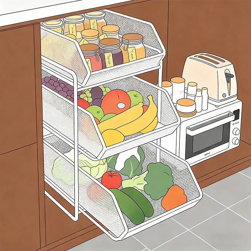 尔思家厨房收纳置物架落地多功能菜篮子储物多层收纳家用橱柜内置分层架 黑色三层