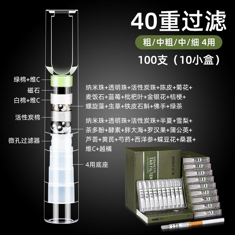 正牌(ZOBO)过滤烟嘴 一次性38重微孔香烟过滤嘴焦油过滤器粗中细三用100支 【40重过滤】全烟适用100支
