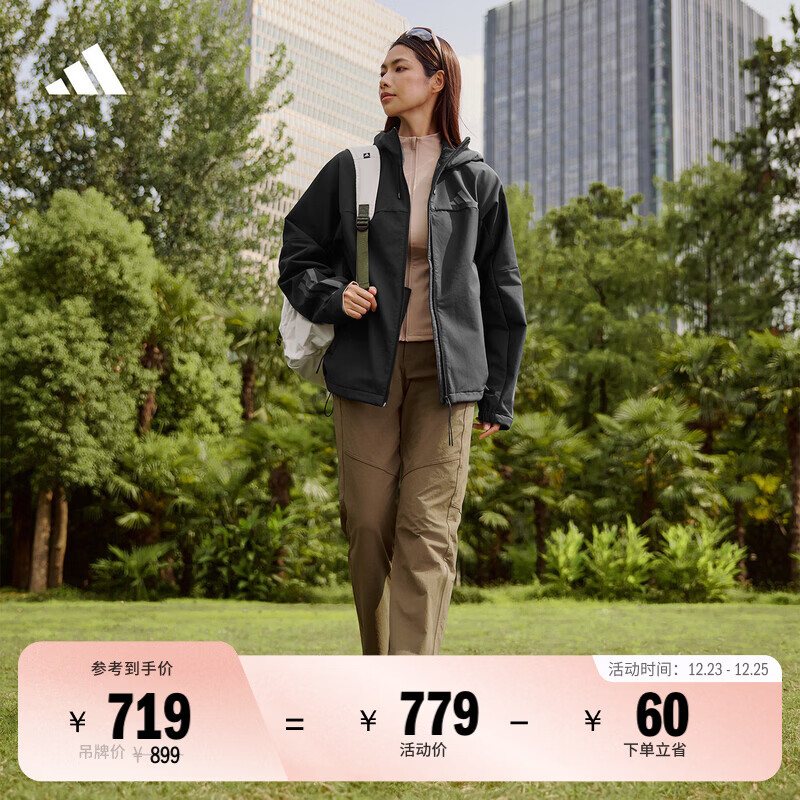 adidas拒水防风保暖休闲加绒连帽夹克外套男女秋冬阿迪达斯轻运动   黑色   L