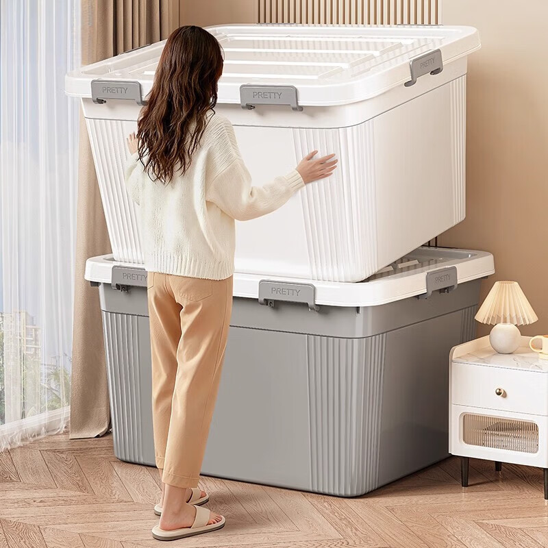 纳份爱收纳箱塑料家用加厚加大容量超大号储物箱衣服被子玩具整理专用箱 45#L小号 象牙白-【49*34*27.5cm】4扣4轮 3个装【店长主推 破损包赔】