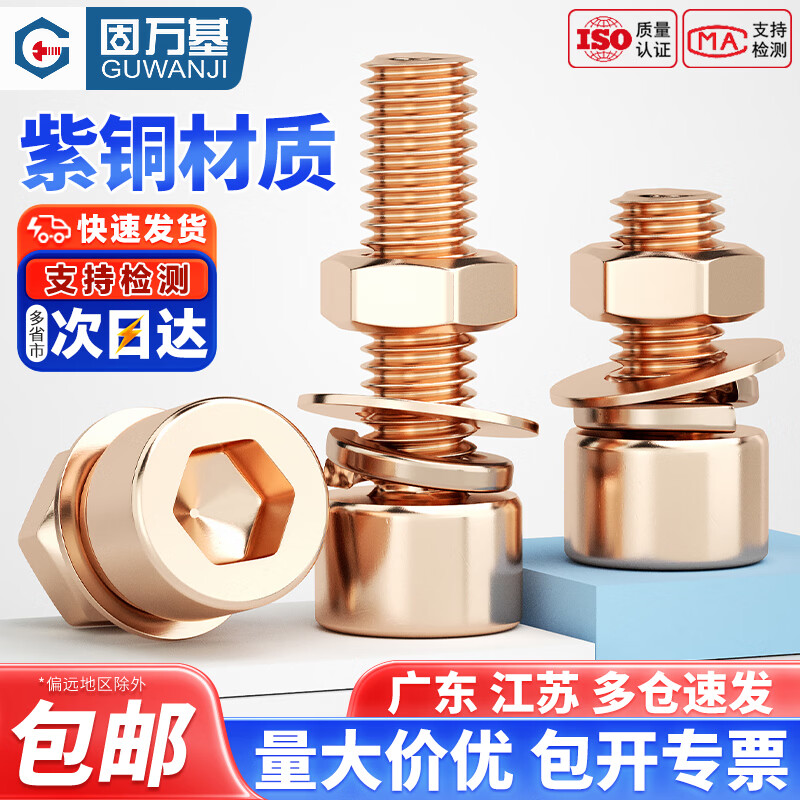 固万基（GUWANJI）T2紫铜内六角螺丝螺栓导电传电内六角螺丝含平弹垫螺母全套M3-M12 M3x4(5套)