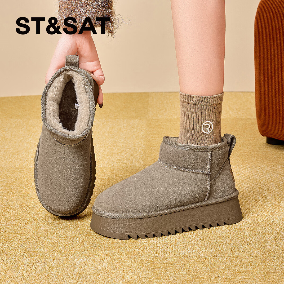 星期六加绒保暖雪地靴冬季新款短筒女靴厚底一脚蹬东北防寒防滑棉鞋子 卡其绿 【加绒保暖】 35