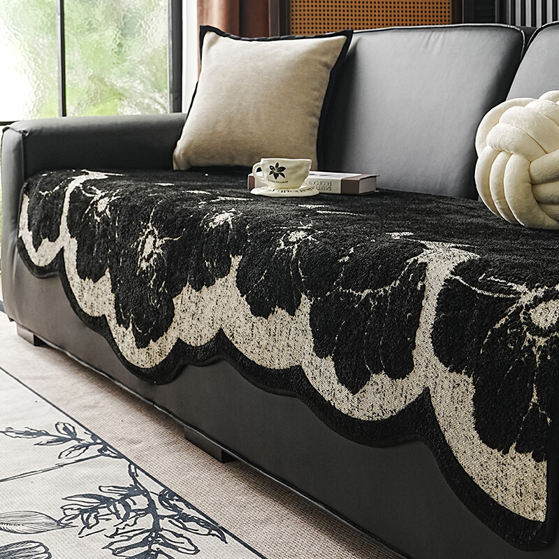 金拾美月复古山茶花高级感沙发垫四季通用2025新款直排防滑沙发套盖布巾 异形半边绒山茶花-高级黑 90cm*70cm