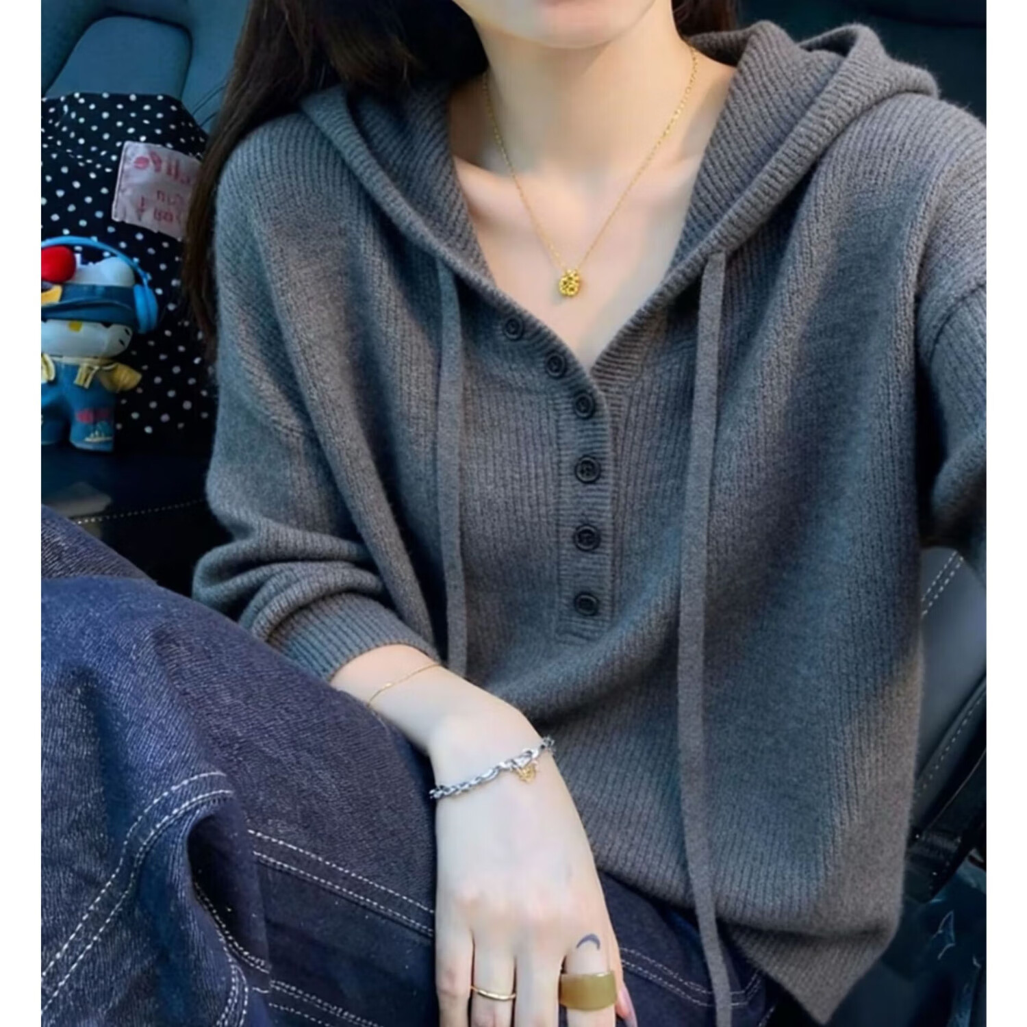 新款灰色休闲连帽针织套头毛衣女简约宽松时尚百搭大码上衣 灰色 XL 建议【116-125斤】