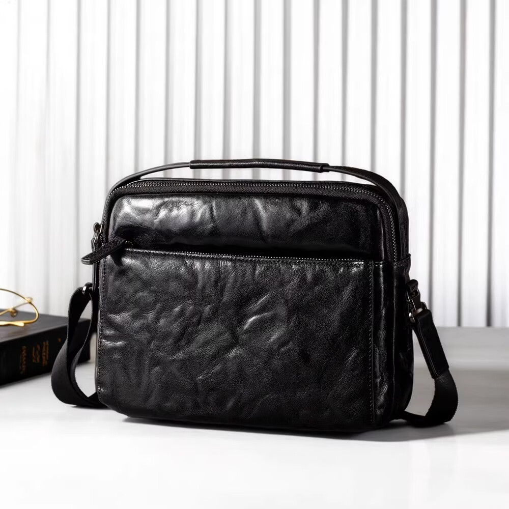 巴利迪亚新款真皮男士单肩包植鞣头层牛皮斜挎包商务通勤休闲大容量男包 咖啡色