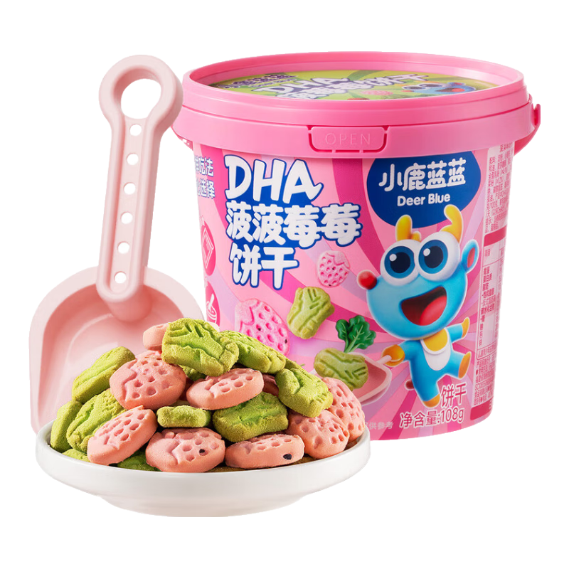 小鹿藍(lán)藍(lán)菠菠草莓餅干108g 寶寶零食兒童零食磨牙手指餅干 1桶