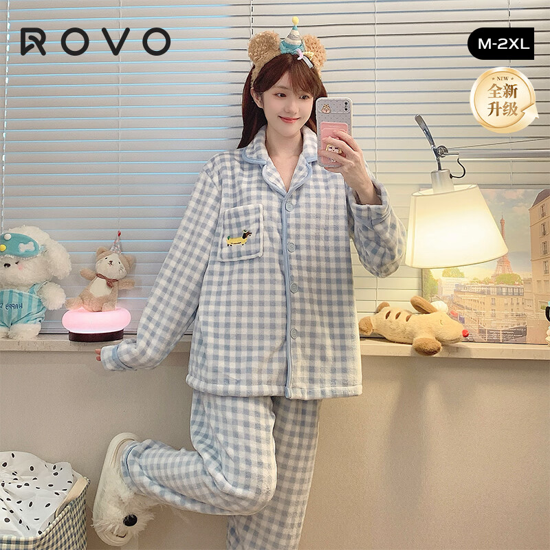 ROVO法兰绒睡衣女秋冬季加绒加厚保暖可外穿家居服套装 蓝格腊肠狗【加厚法兰绒 加倍保暖】 M