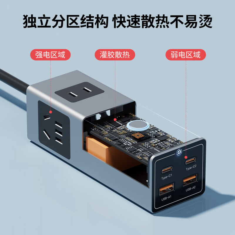 国际电工（FDD）旅行便携能量舱氮化镓65W快充插座多功能USB迷你桌面插排带线插头 直插款-14孔插座 灰色