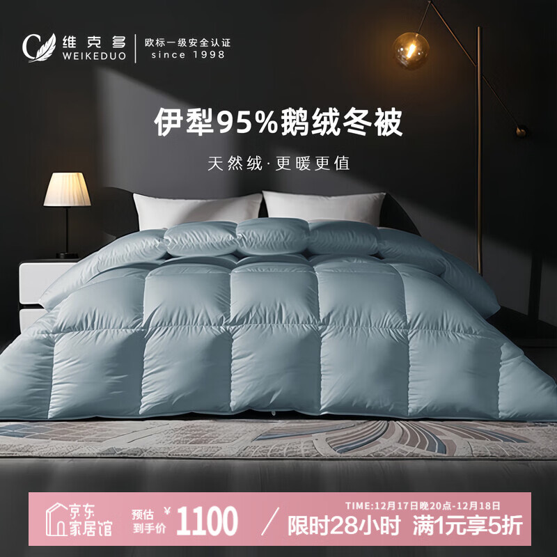 维克多（VCD）95鹅绒冬被冬季保暖加厚双人羽绒被被芯充1kg 200*230cm蓝色