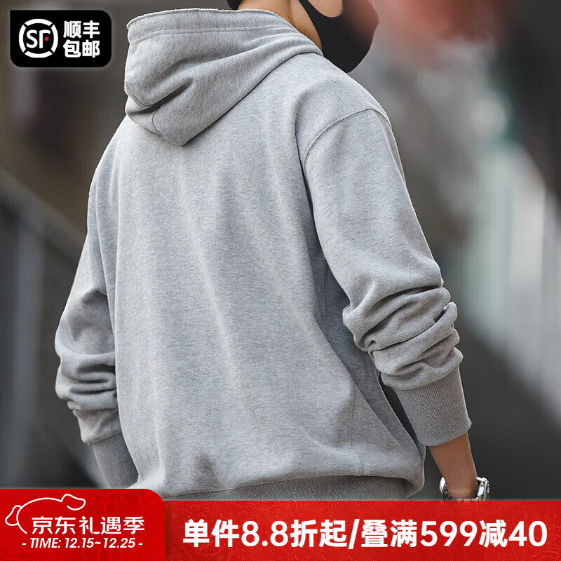 马登工装美式复古连帽卫衣男纯色休闲上衣秋季男装外套男士运动帽衫 灰色 2XL