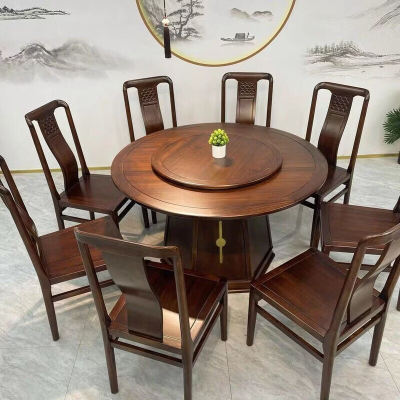 欣慕雅夏木新中式乌金木圆餐桌椅组合转盘现代中式家用餐厅全实木饭桌 1.3米加厚全实木餐桌【送实木转盘】 乌金木全实木单桌【不含椅子】