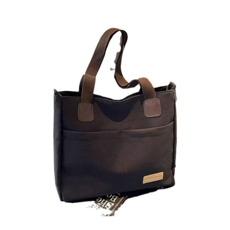 【精选】设计日系拉链通勤加厚帆布托特包休闲文艺学生简约单肩斜 黑色