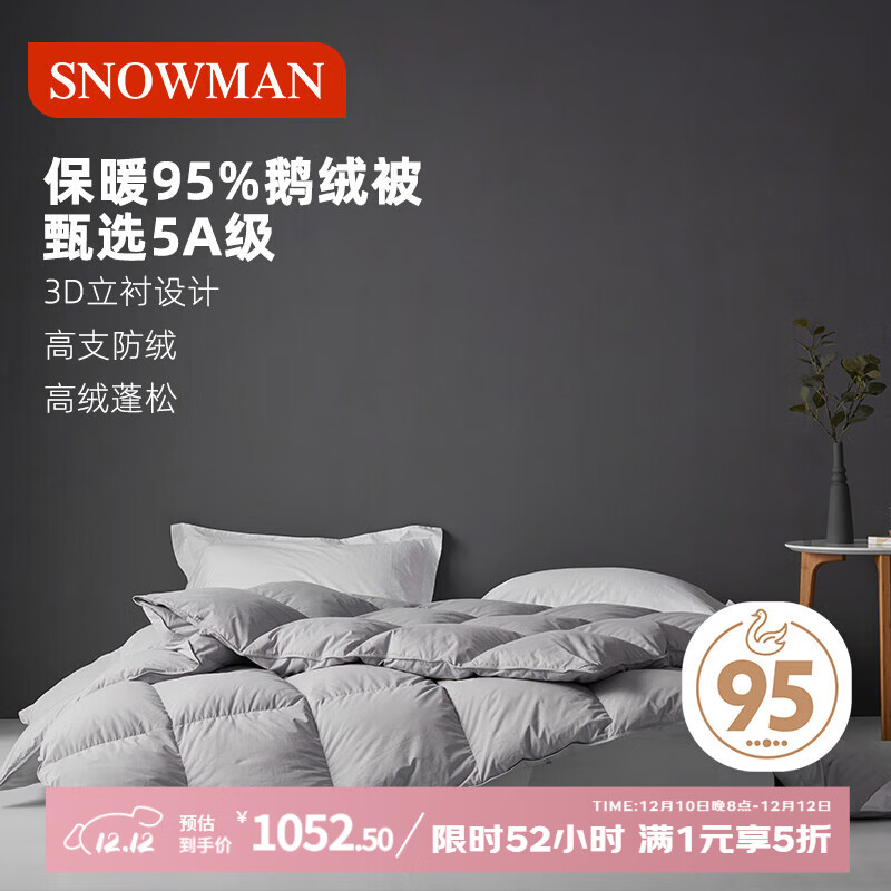 斯诺曼【纯净】抑菌静音羽绒被芯95%鹅绒被保暖冬被子2.0*2.3m充1kg灰色