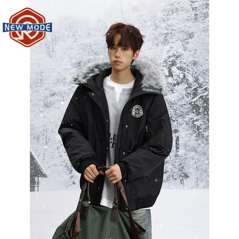 NEW OR MODE可拆卸毛领加厚棉服男士冬季新款保暖宽松休闲百搭情侣派克服棉衣 黑色 M 【建议90-110斤】